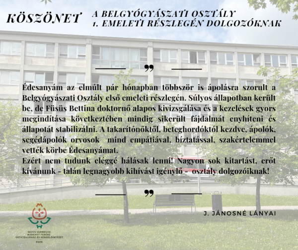 Köszönet a Belgyógyászati-Infektológiai Centrum (BIC) 1. emeleti mukatársainak